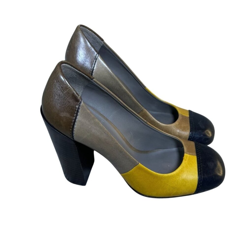 Tory Burch Womens Colorblock Leather Heels Size 7 Brown/Yellow/Black